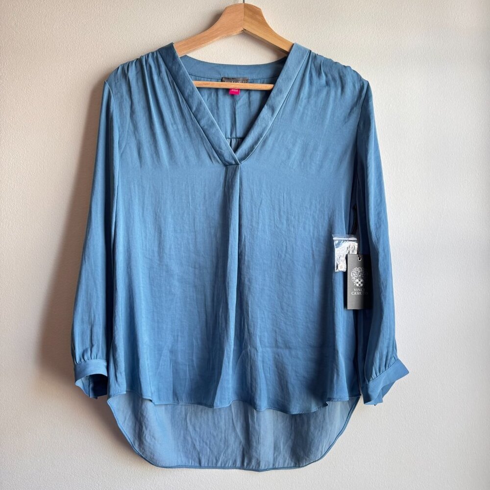 Vince Camuto Women's 3/4-Sleeve V-Neck Blue Silky Popover Top Size Small S